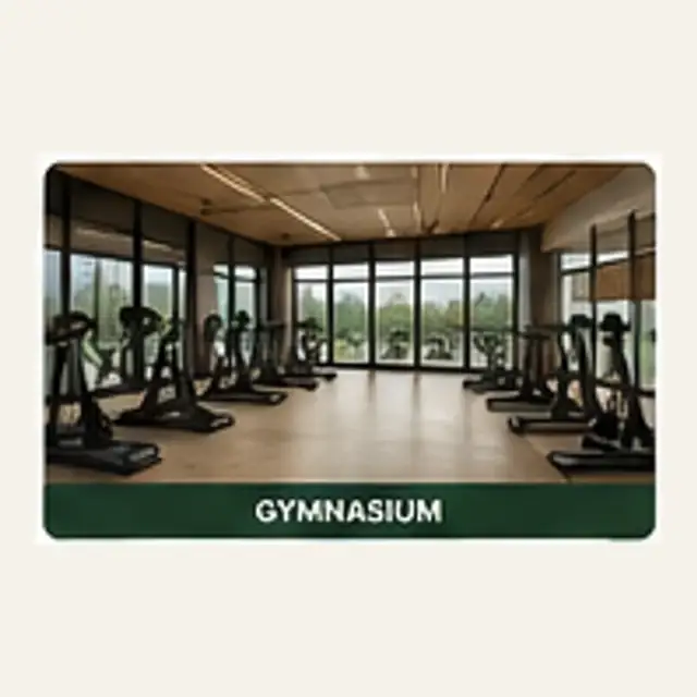 Residents' fitness room with exercise equipment and open workout space