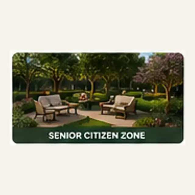 Senior residents' seating zone with shade and planted surroundings