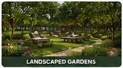 Landscaped garden paths with shade and shared seating