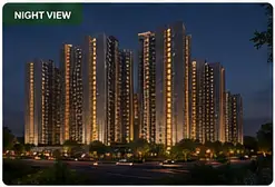 Illuminated residential towers and arrival landscape after dark